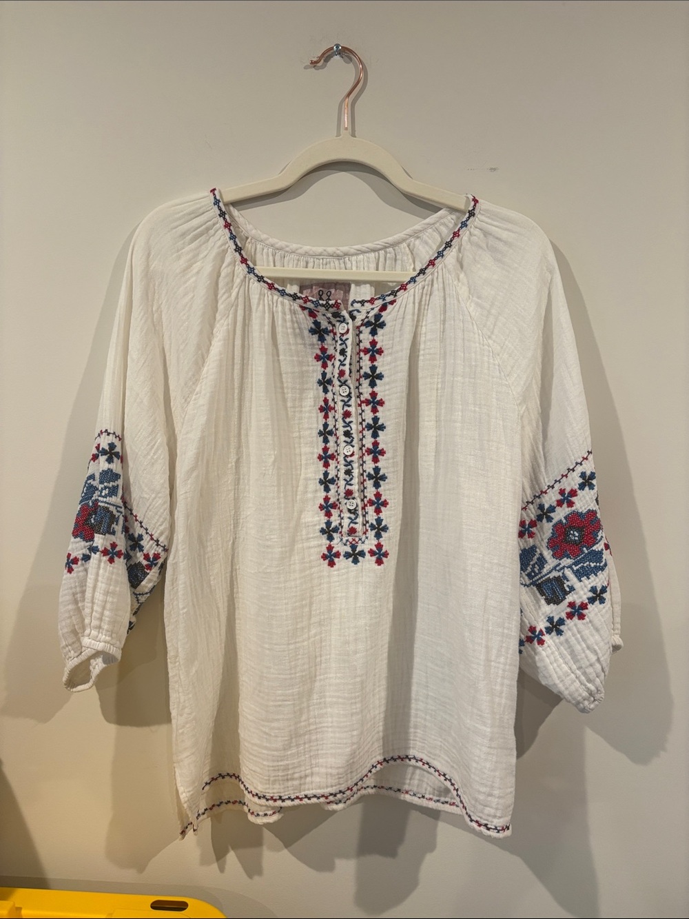 Johnny Was White 100% Cotton Top with Red & Blue Floral Embroidery